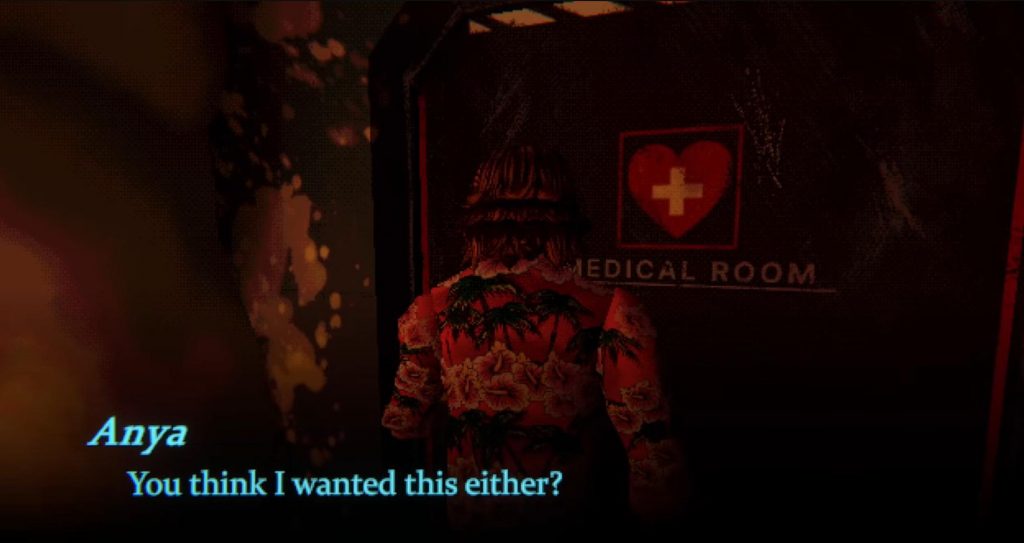 Screenshot from Mouthwashing. Daisuke stands in front of a locked medical room door. Dialogue on screen from Anya says "You think I wanted this either?"