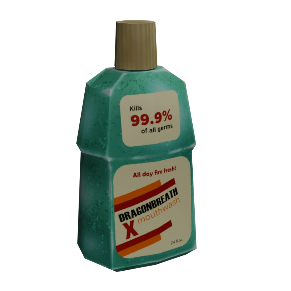 Image of Dragonbreath X Mouthwash, the main cargo of the game. It's a teal bottle with a white cap and label that boasts "Kills 99.9% of all germs"