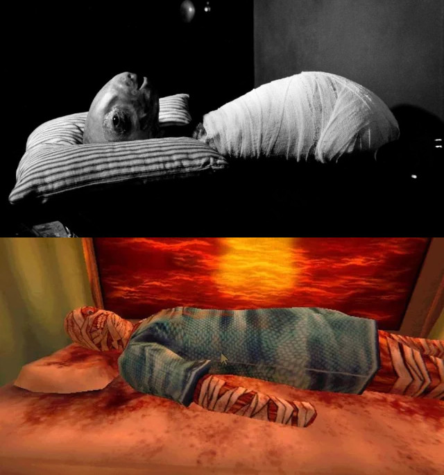 Top image: black and white image of the baby from Eraserhead, a weird dinosaur worm looking creature wrapped in bandages. Bottom image: full color image of Curly from Mouthwashing. He is completely bloodied and wrapped in bandages with a blue gown. 